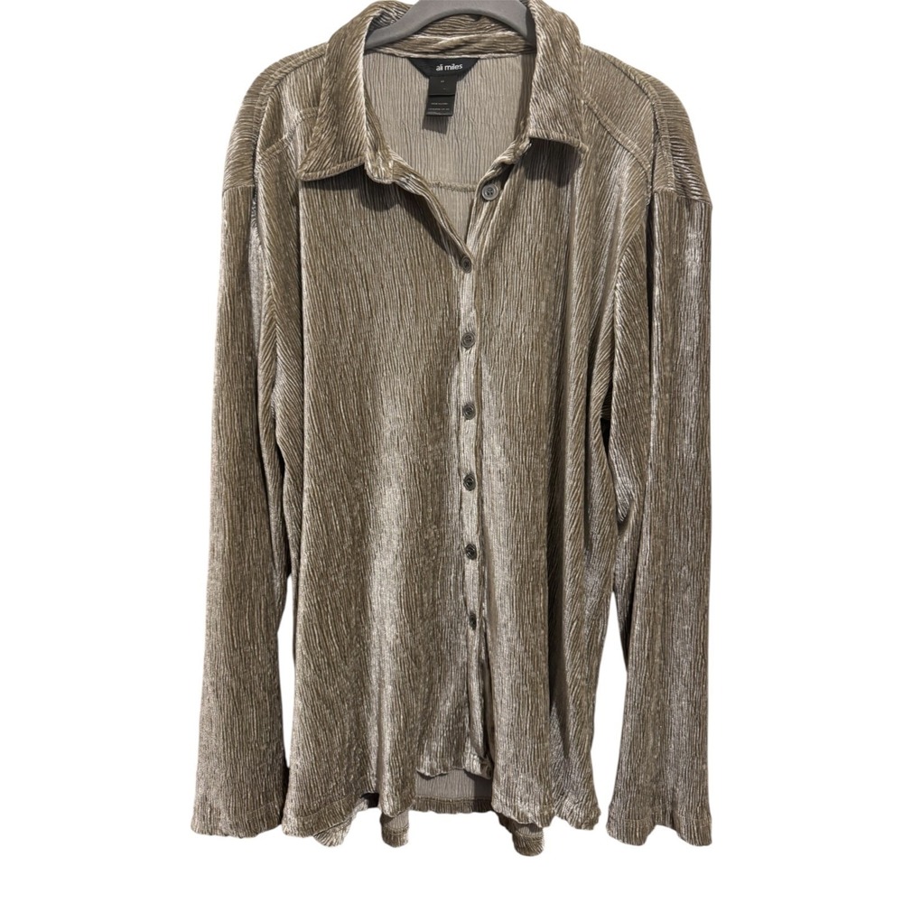 Ali Miles Plissé Button Down Blouse Women XL Champagne Metallic Pleated Elegant
